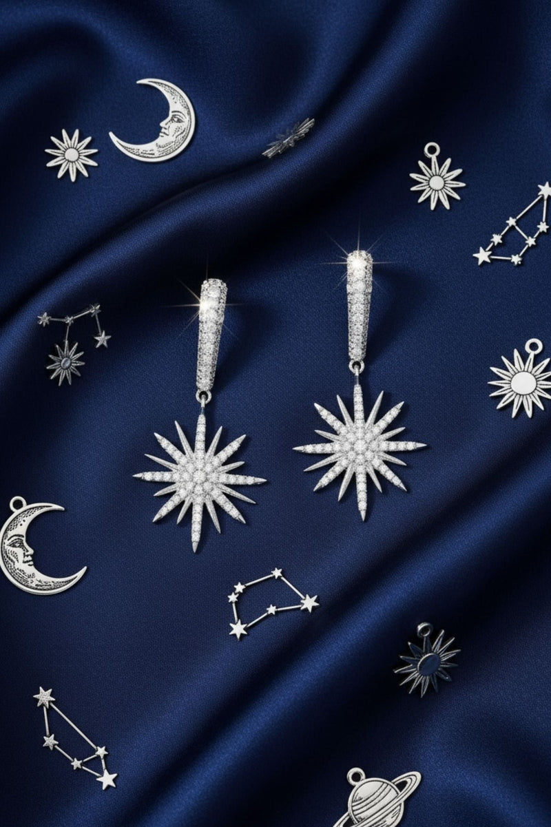 Star Burst Drop Earrings Silver