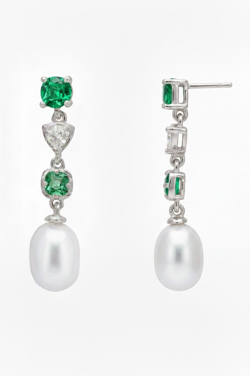 Pearl Whisper Drop Earrings Emerald Silver