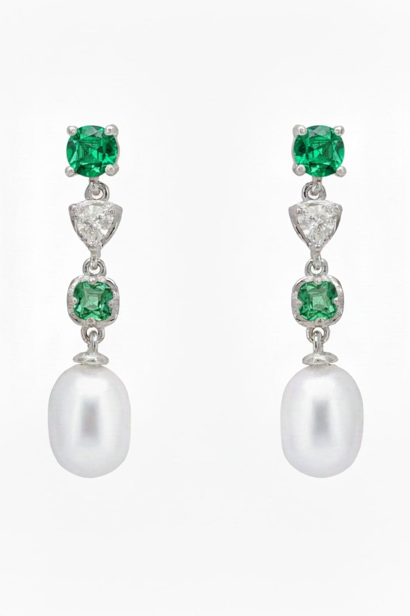 Pearl Whisper Drop Earrings Emerald Silver