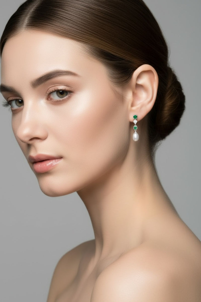Pearl Whisper Drop Earrings Emerald Silver