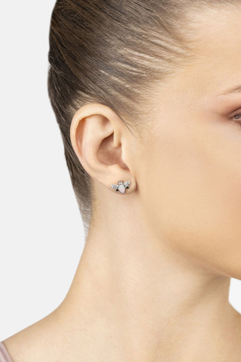 Busy Bee White Opal Stud Earrings Silver