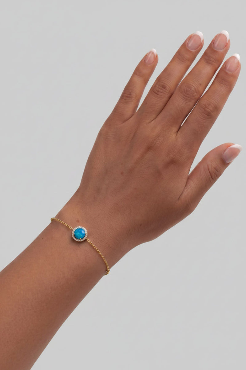 Round Blue Opal Bracelet Gold CZ