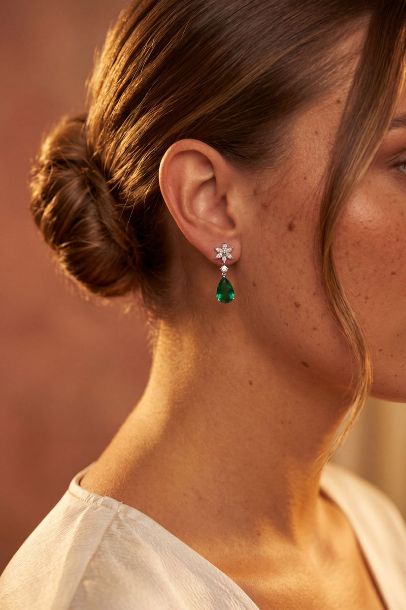 Sunflower Emerald Drop Earrings Silver