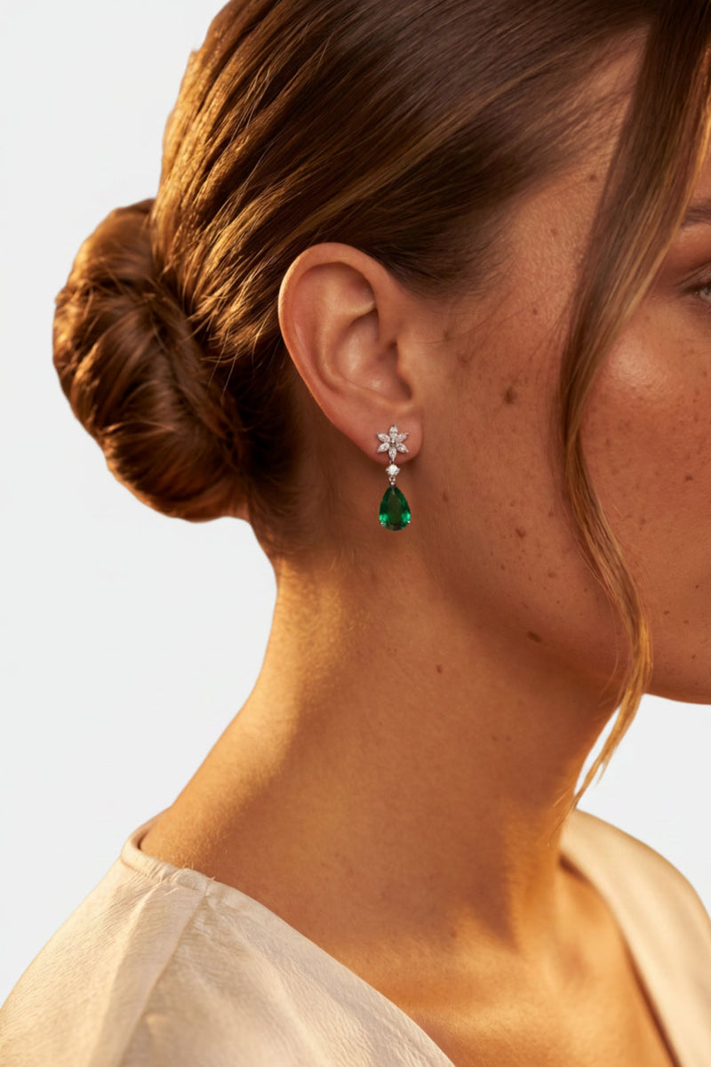 Sunflower Emerald Drop Earrings Silver