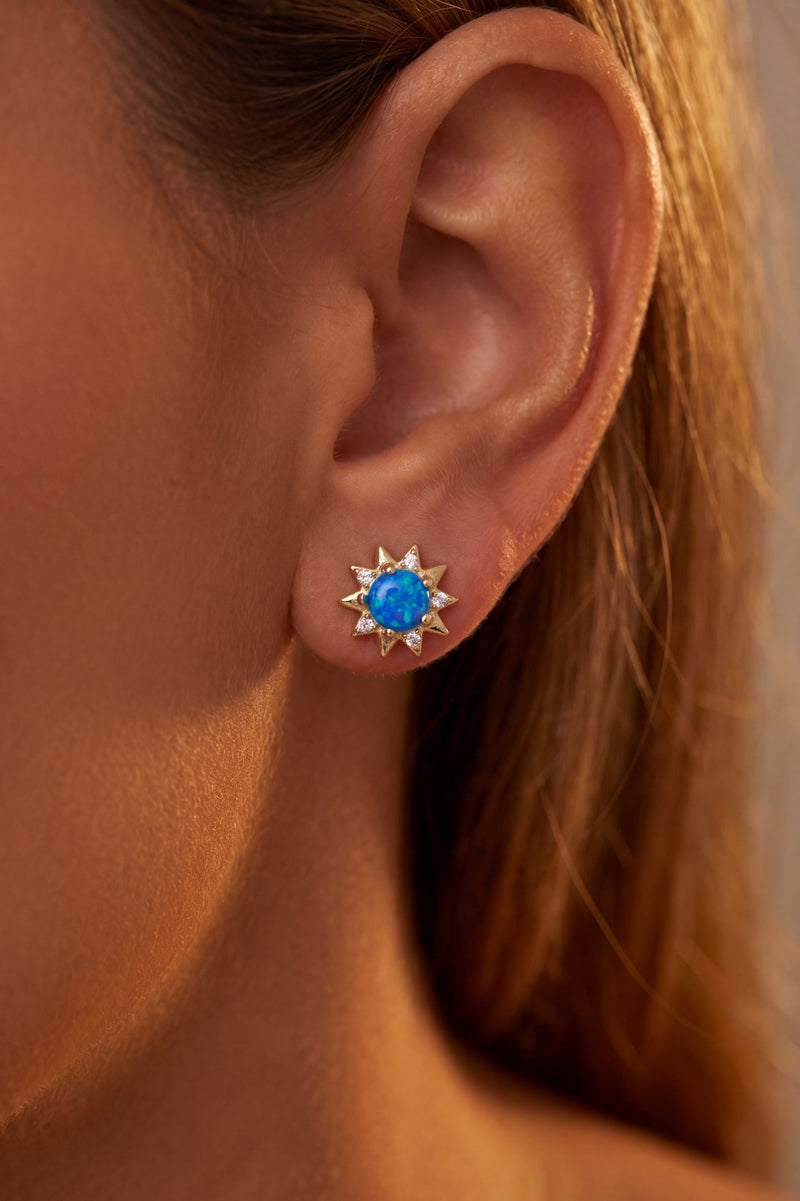 Sunflower Blue Opal Stud Earrings Gold