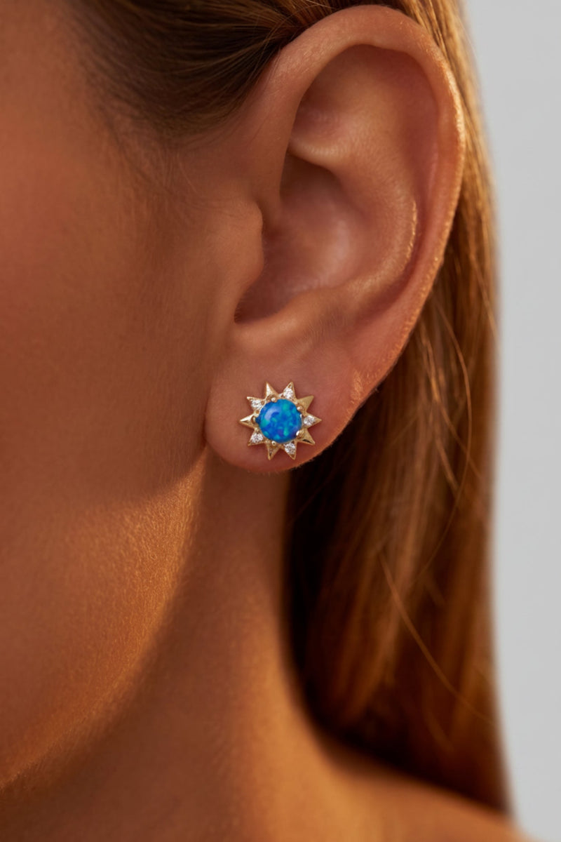 Sunflower Blue Opal Stud Earrings Gold