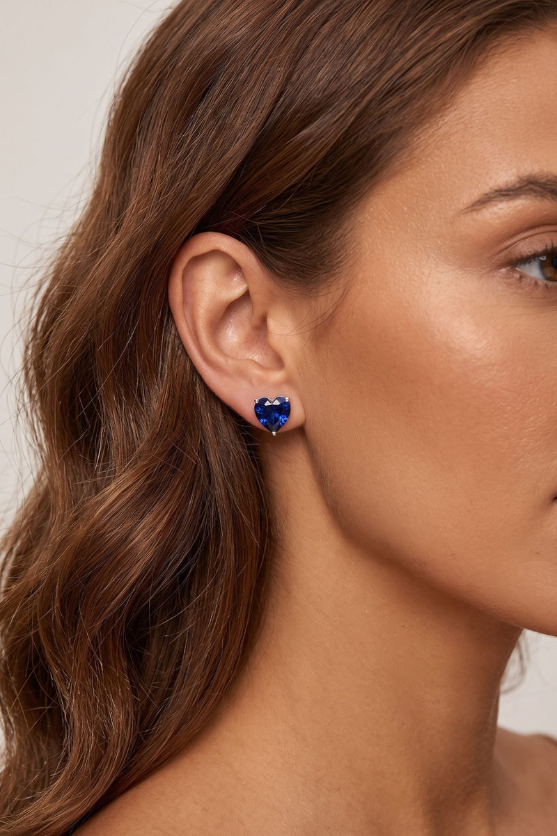 Amore Heart Sapphire Stud Earrings Silver