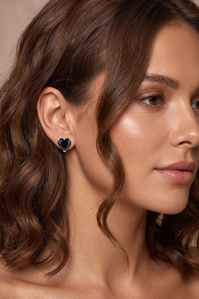 Amore Heart Black Spinel Stud Earrings Silver