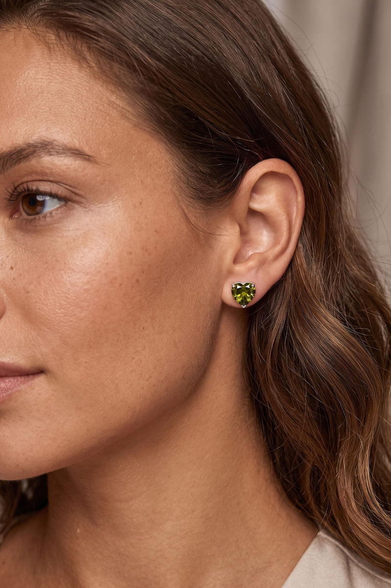 Amore Heart Peridot Stud Earrings Silver