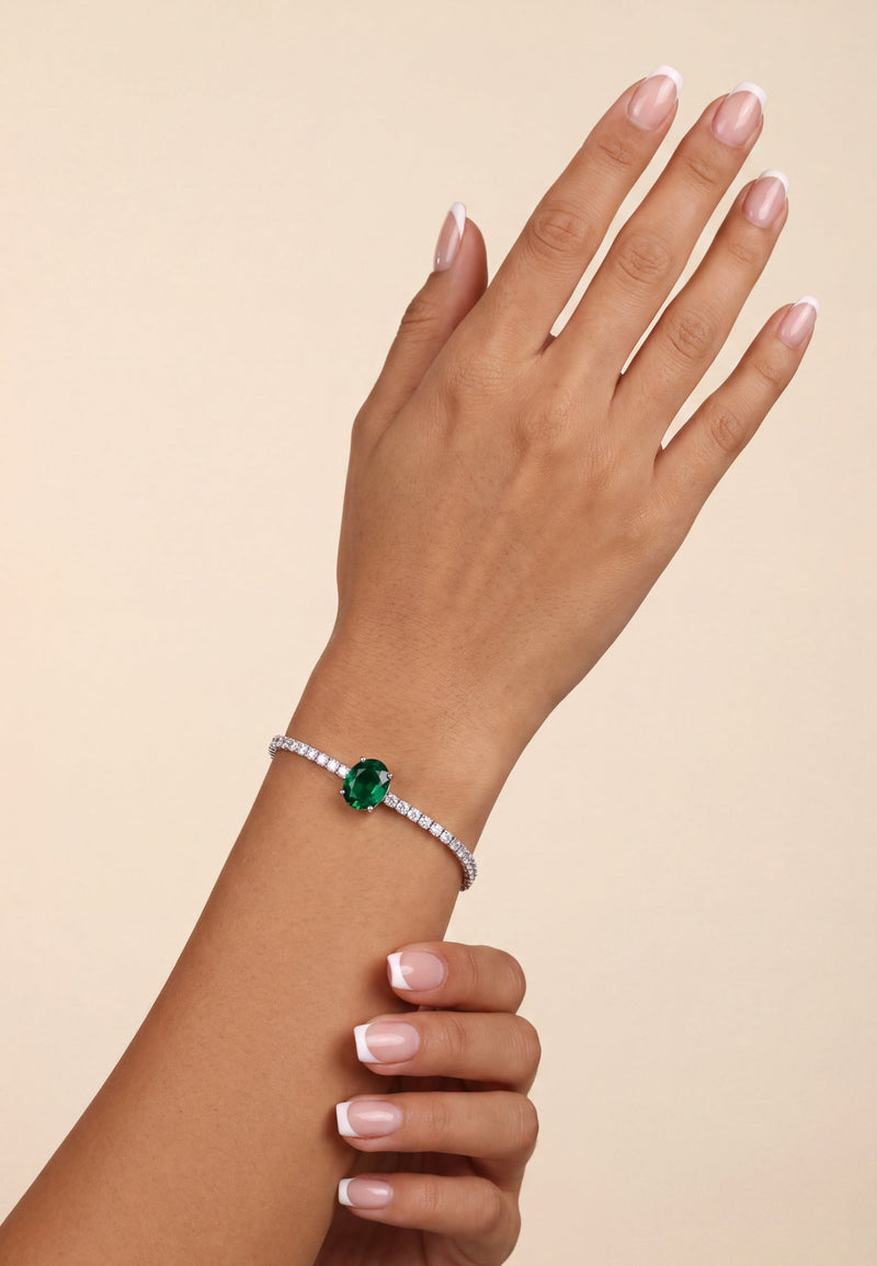 Garbo Oval Gemstone Tennis Bracelet Emerald Silver