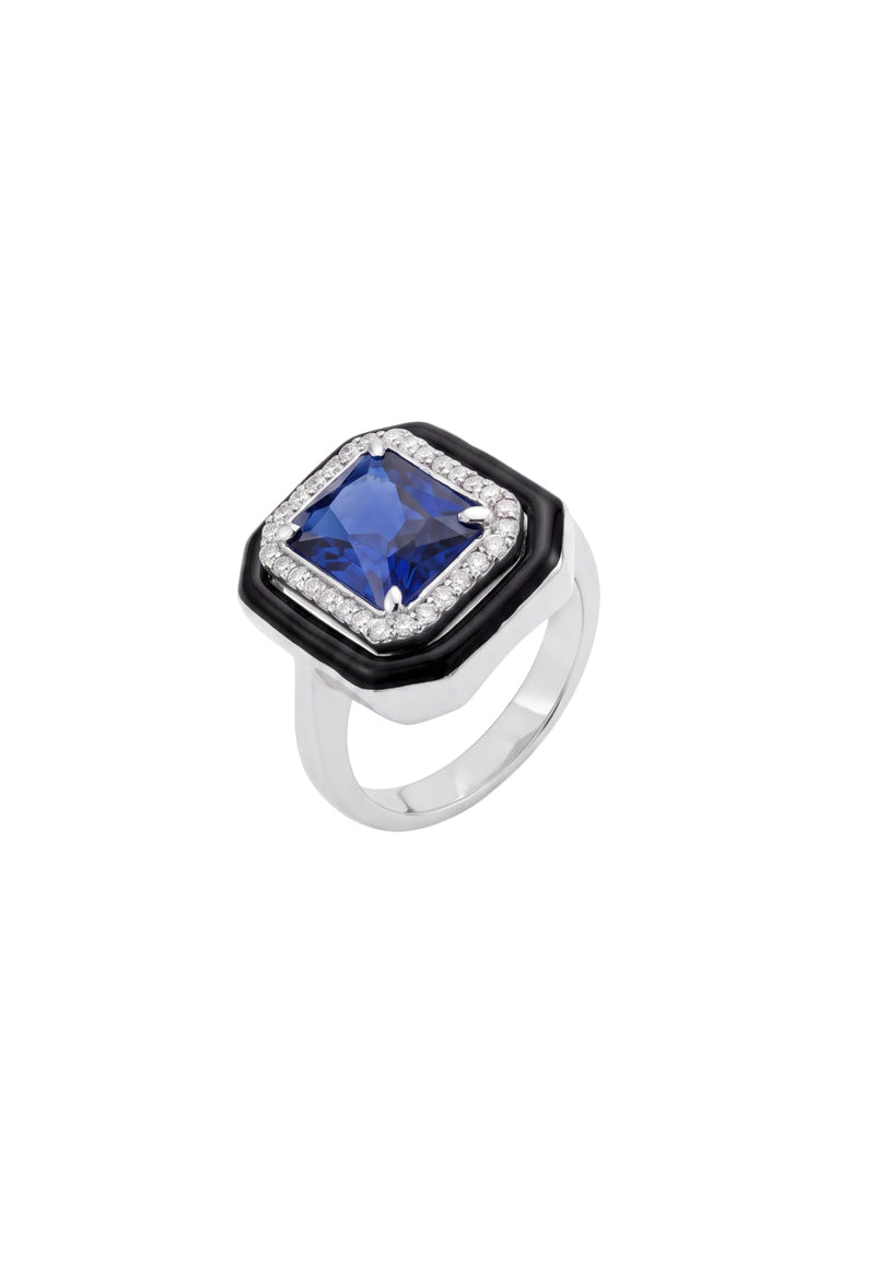 Art Deco Sapphire & Enamel Cocktail Ring Silver