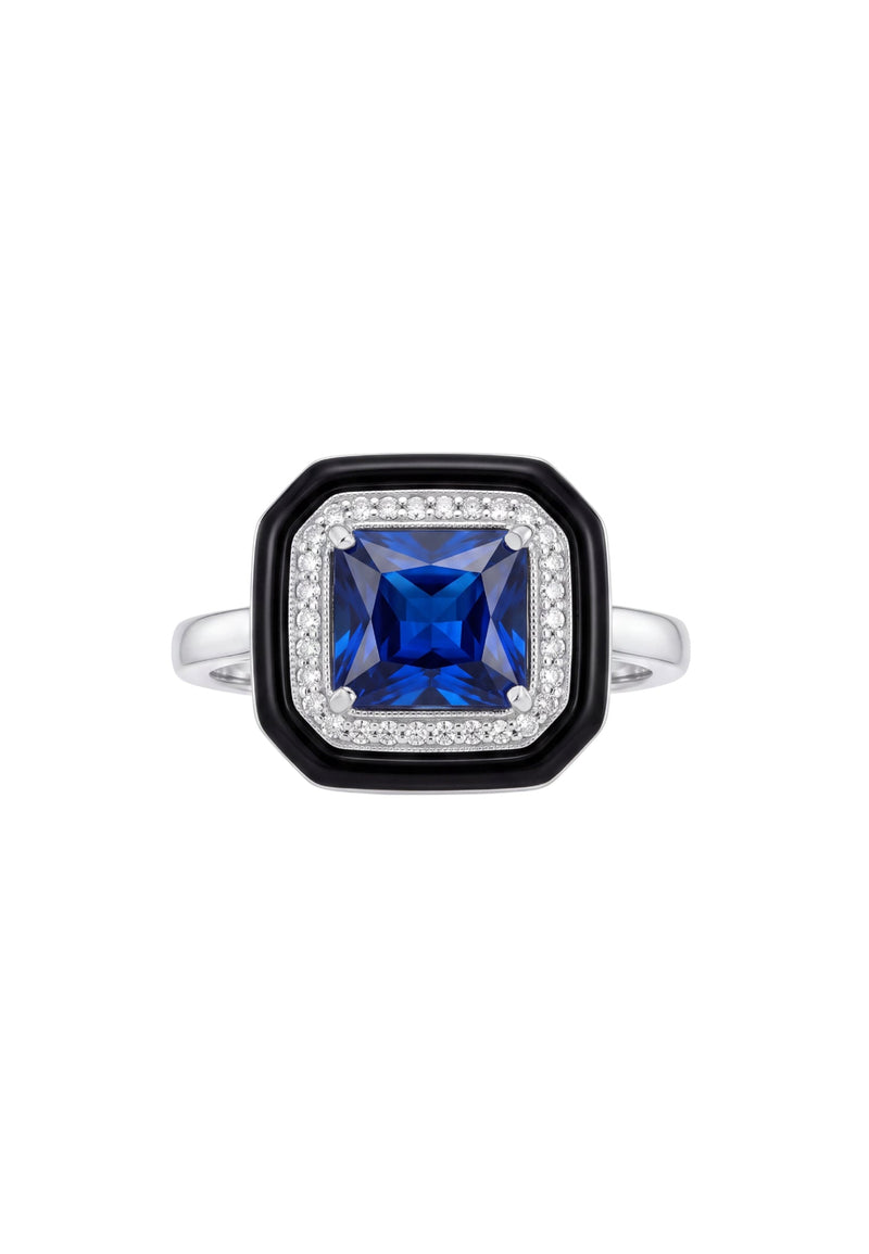 Art Deco Sapphire & Enamel Cocktail Ring Silver