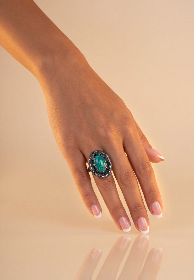 Serafina Green Opal Cocktail Ring Silver