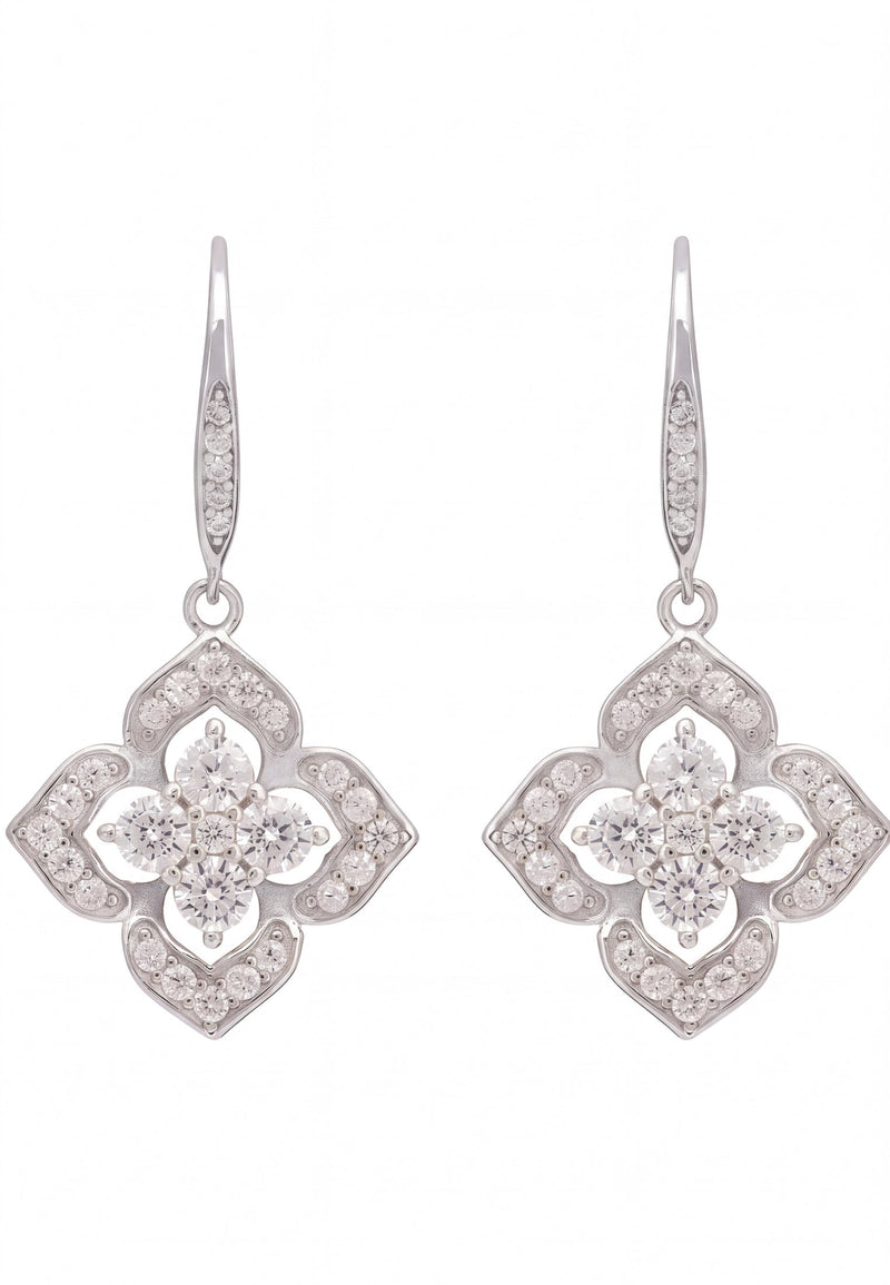 Pointed Cz Clover Flower Drop Earrings Silver