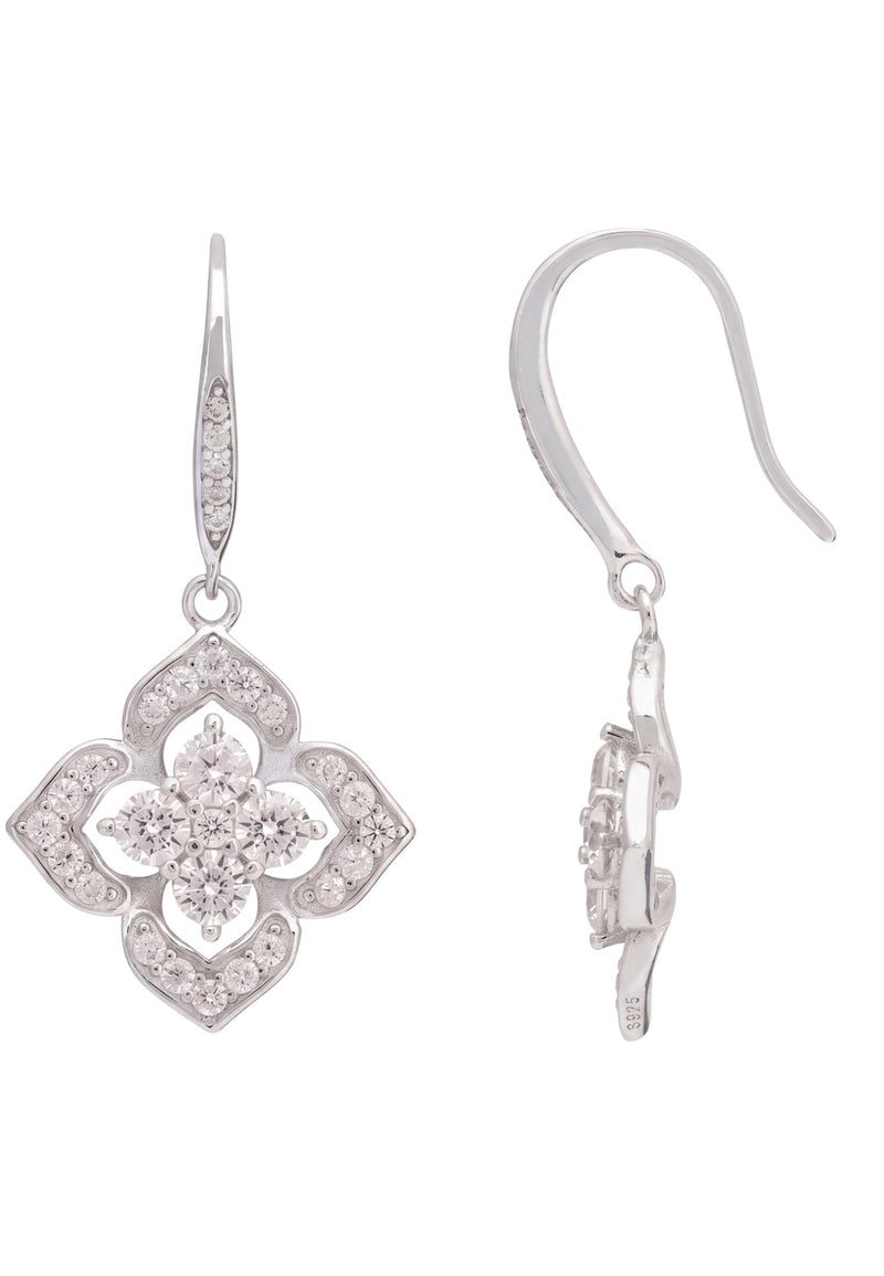 Pointed Cz Clover Flower Drop Earrings Silver