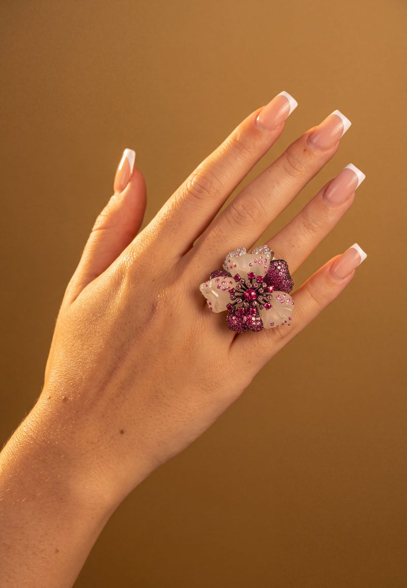 White Jade Ruby Rose Flower Cocktail Ring Silver