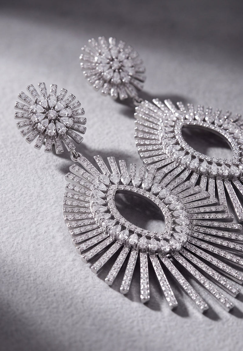 Geometria Sunburst Statement Drop Earrings Silver