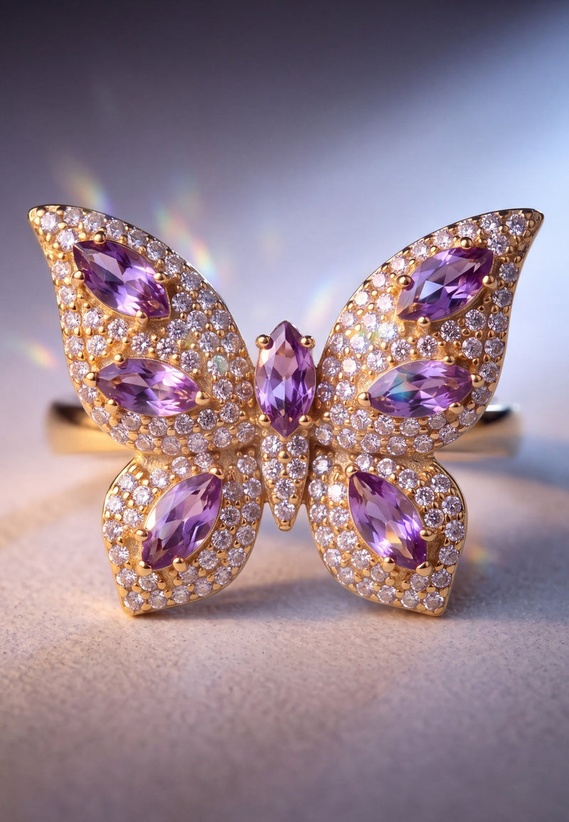 Butterfly Cocktail Ring Amethyst Gold