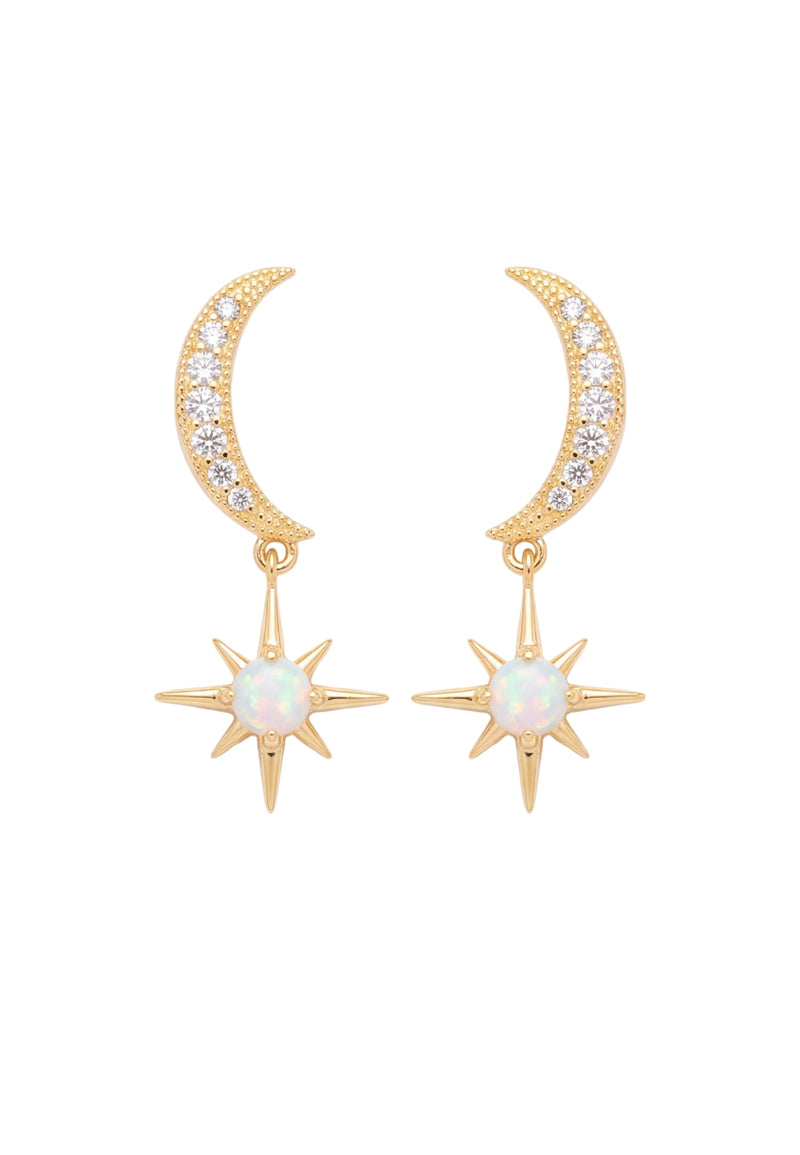 Crescent Moon And Starburst White Opal Drop Earrings Gold