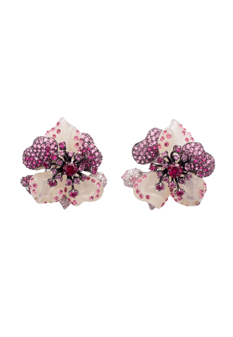 White Jade Ruby Rose Flower Stud Earrings Silver