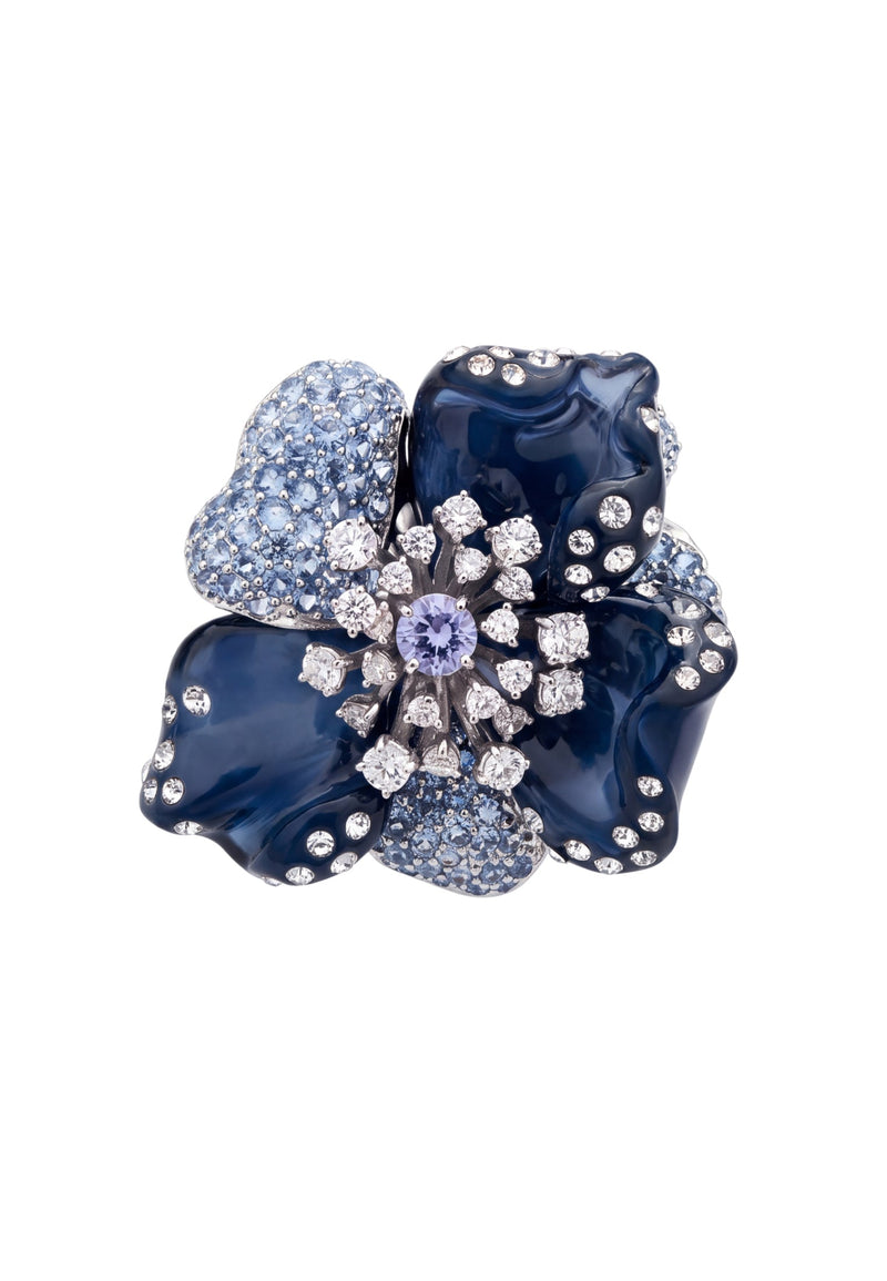 Blue Orchid Flower Cocktail Ring Silver