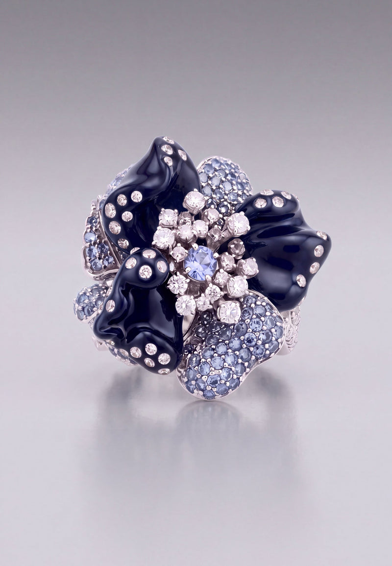 Blue Orchid Flower Cocktail Ring Silver