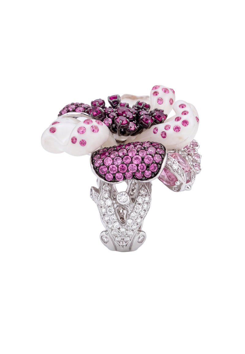 White Jade Ruby Rose Flower Cocktail Ring Silver