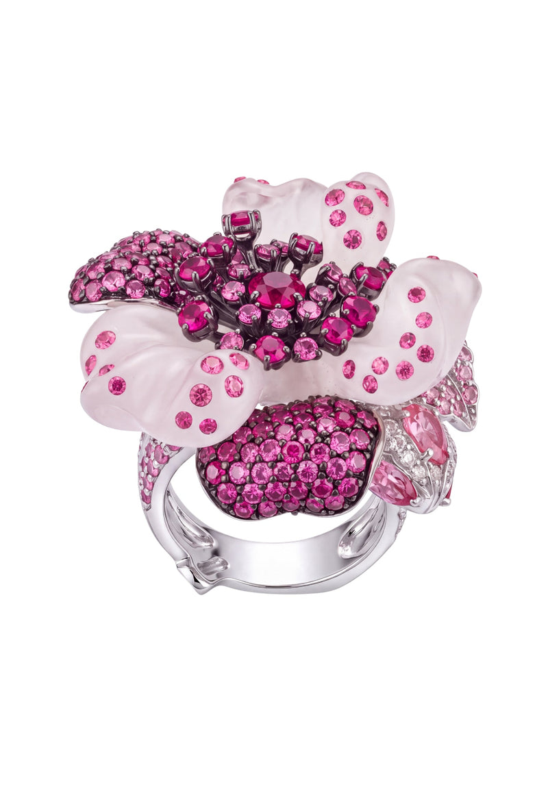 White Jade Ruby Rose Flower Cocktail Ring Silver