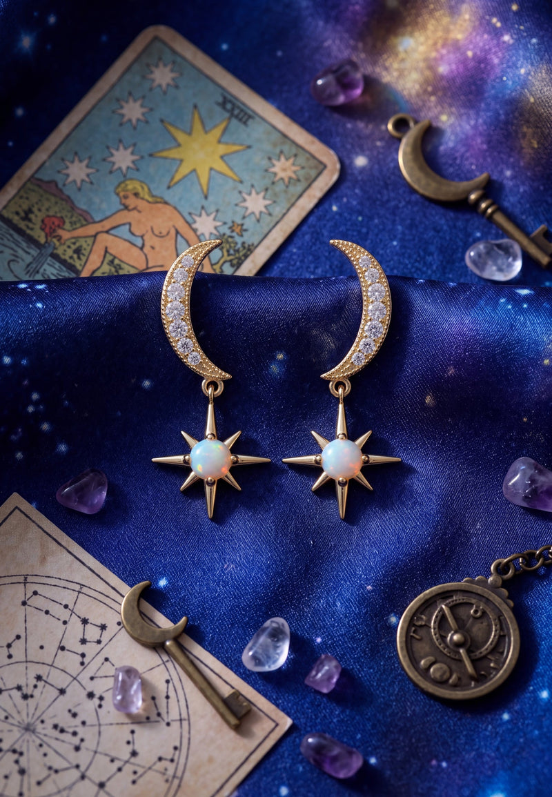 Crescent Moon And Starburst White Opal Drop Earrings Gold