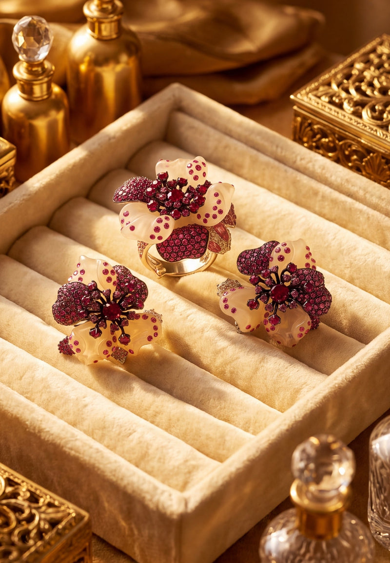 White Jade Ruby Rose Flower Stud Earrings Silver