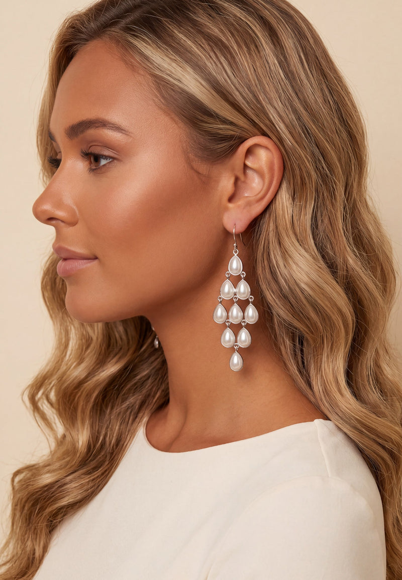 Erviola Gemstone Cascade Earrings Silver Pearl