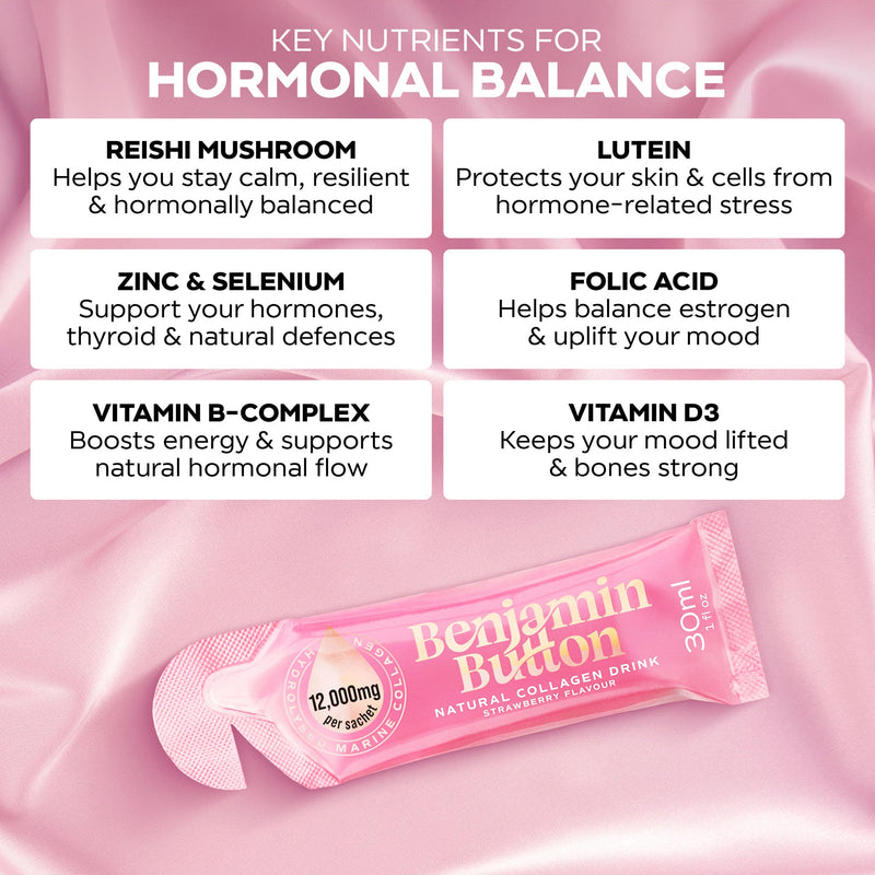 Benjamin Button 12,000mg Marine Collagen Drink - Strawberry Liquid Sachets - 14 Sachets - Perimenopause Support