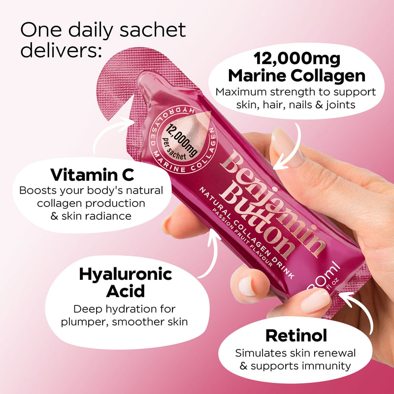Benjamin Button 12,000mg Marine Collagen Drink - Passionfruit Liquid Sachets - 14 Sachets - Menopause Support