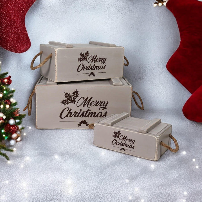 S/3 RUSTIC GREY CRATES WITH LIDS ROPE HAND