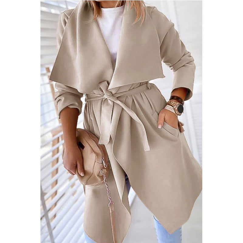 Lapel solid color long trench coat