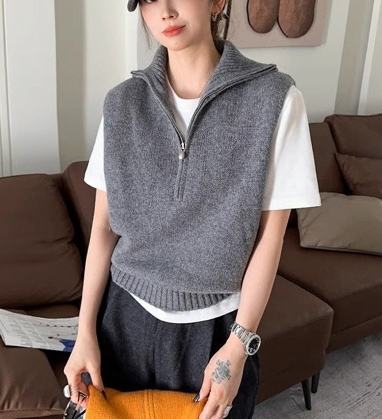 Retro Half Zipper Sleeveless Knit Vest