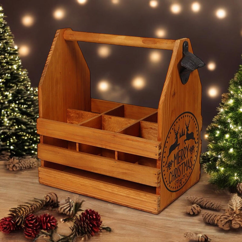 WOODEN 6 BOTTLE HOLDER WITH METAL OPENER