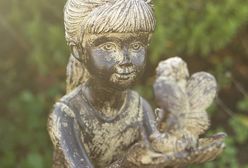 Sitting Girl with Fairy Resin Garden Statue Stone Effect 23cm