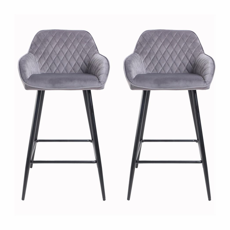 Set of Two Cadiz Dark Grey Crushed Velvet Bar Stools with Black Metal Leg
