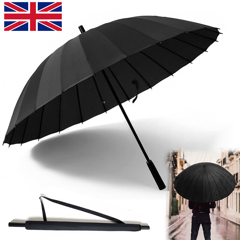 24 Rib Large Windproof Umbrella Strong Storm Resistant Classic Black Durable
