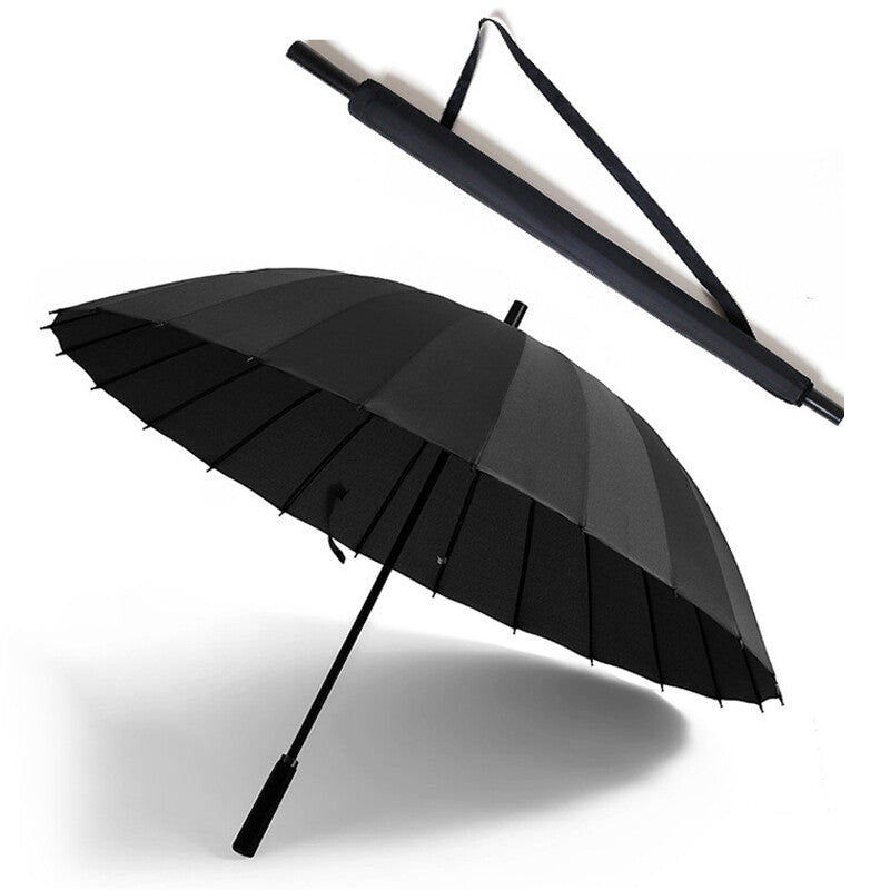 24 Rib Large Windproof Umbrella Strong Storm Resistant Classic Black Durable