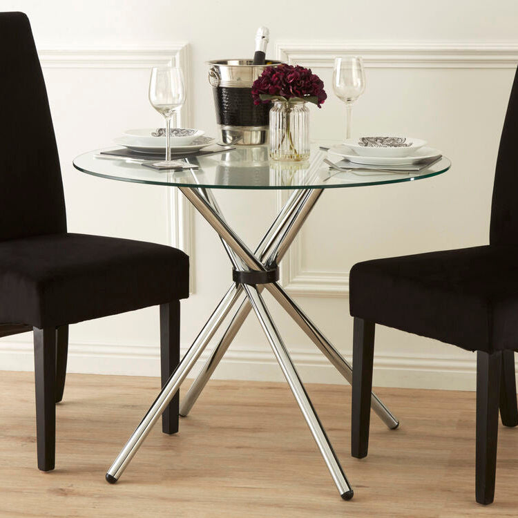 Clear Glass Top Round Dining Table with Silver Finish Metal Cross Base | Afton