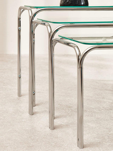 Silver Metal Frame and Clear Glass Top Nest of 3 Tables | Jordan
