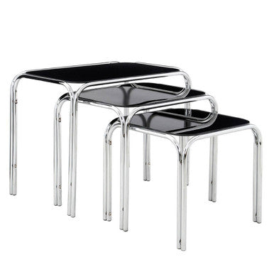 Set of 3 Black Glass Top Nest of Tables with Silver Metal Frame | Jordan