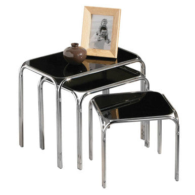 Set of 3 Black Glass Top Nest of Tables with Silver Metal Frame | Jordan