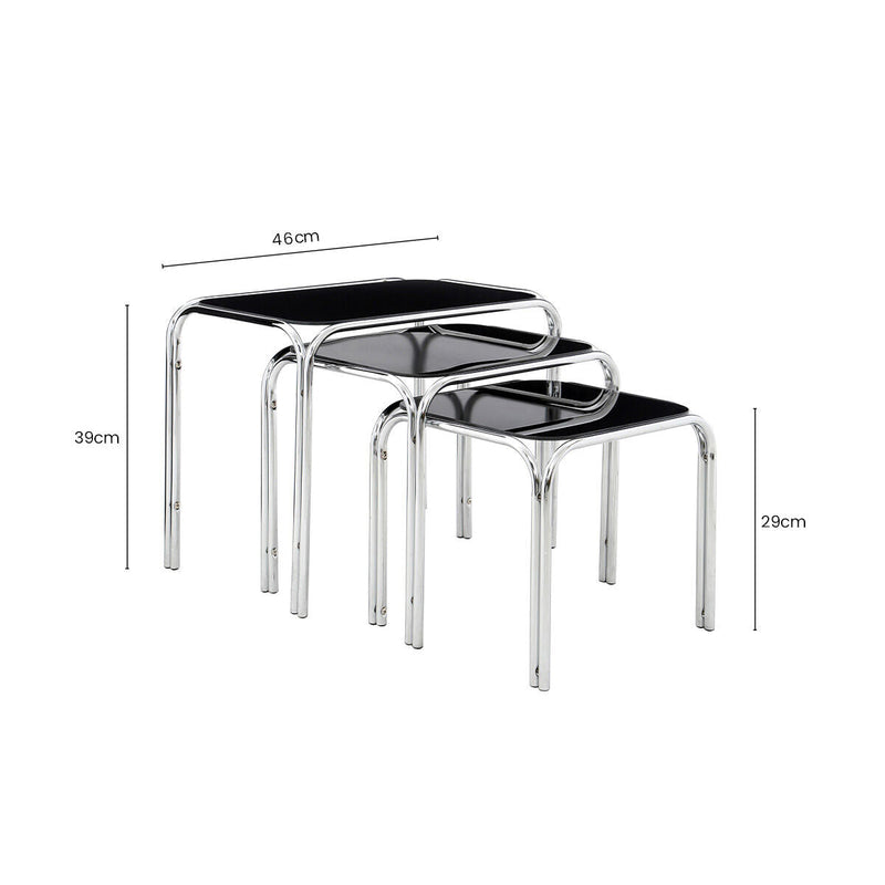 Set of 3 Black Glass Top Nest of Tables with Silver Metal Frame | Jordan