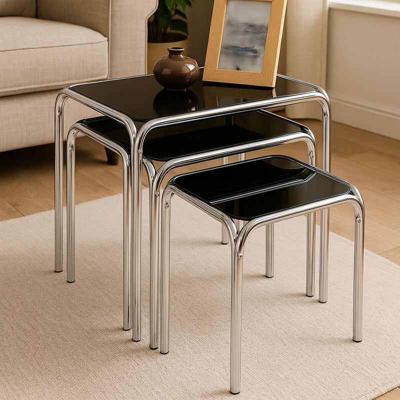 Set of 3 Black Glass Top Nest of Tables with Silver Metal Frame | Jordan