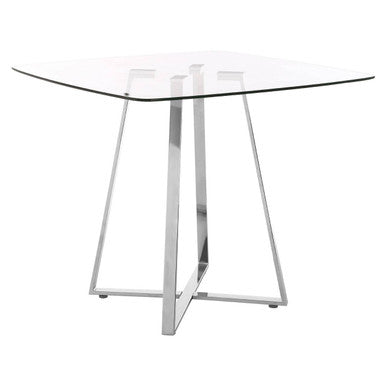 Clear Glass Square Dining Table with Silver Finish Metal Base | Metropolitan