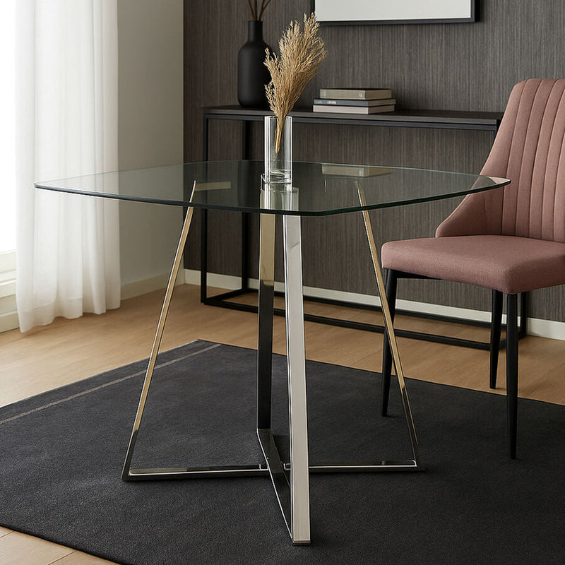 Clear Glass Square Dining Table with Silver Finish Metal Base | Metropolitan