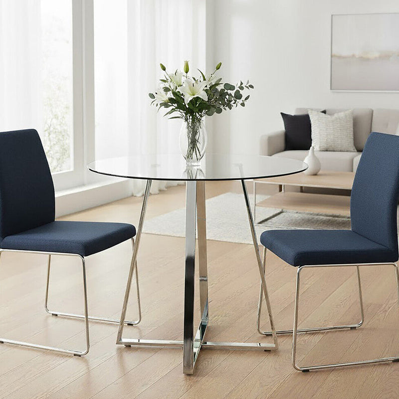 Clear Glass Round Dining Table with Silver Finish Metal Base | Metropolitan